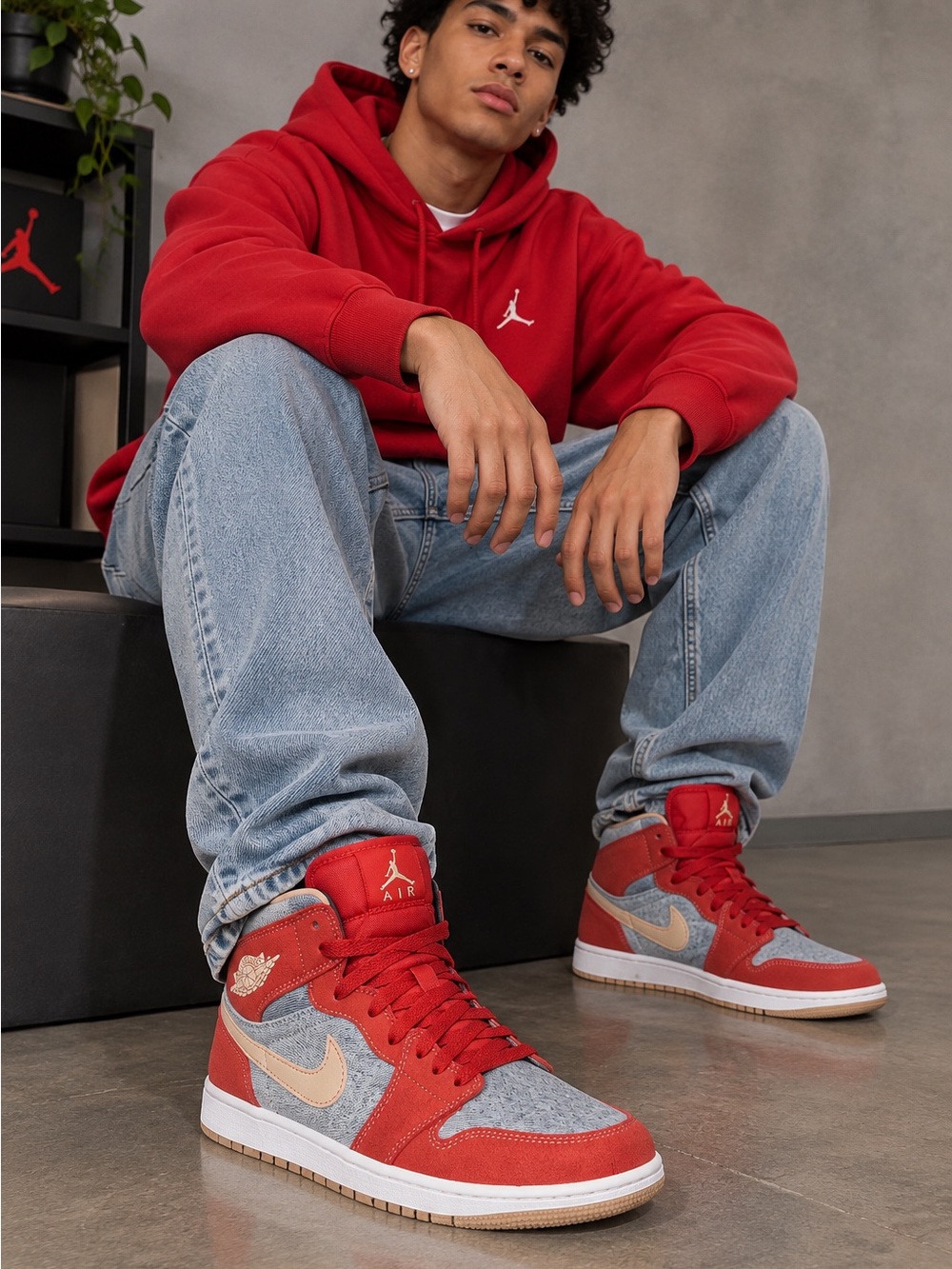 Jordan Kids Red and Gray Mid-Top Sneakers with Gold Logo